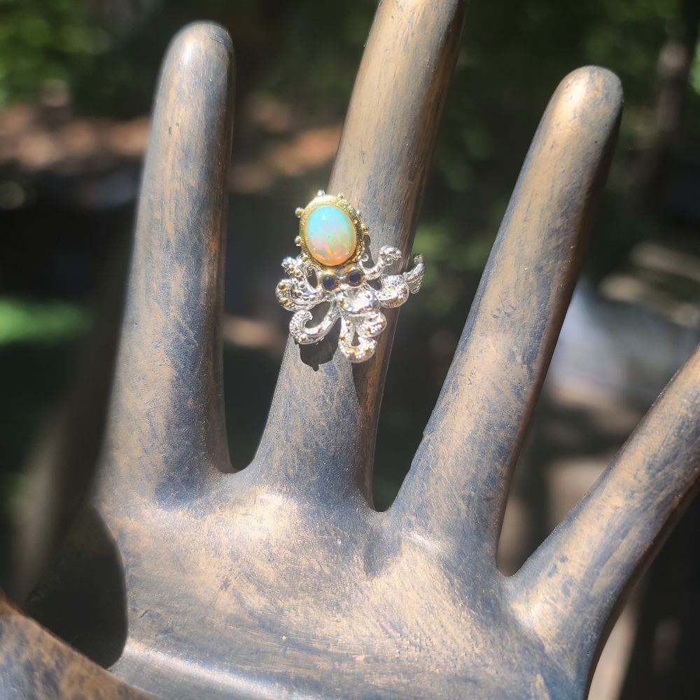 Opal & Sapphire Sterling & gold baby Octopus ๐ ring sz7.5 - Picture 6 of 7